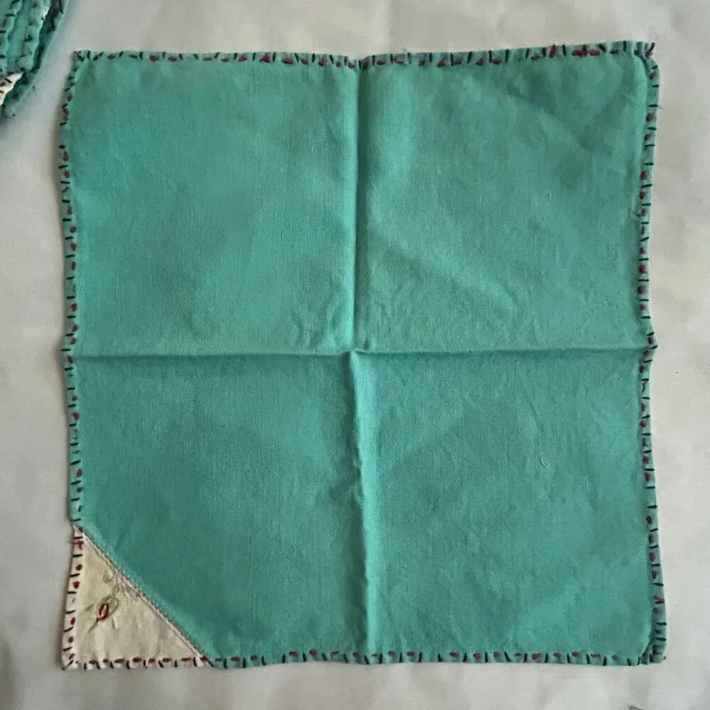 Set of 3 Vintage Handmade Turquoise Embroidered Napkins